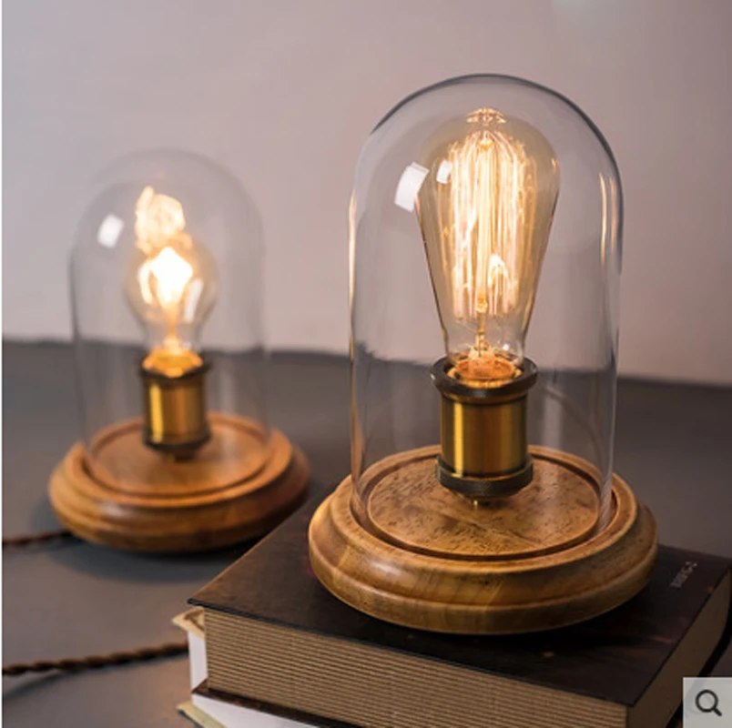 Retro desk lamp solid wood simple loft Edison retro bedroom bed bar solid wood cafe bar table lamp led table lamp lighting lamps