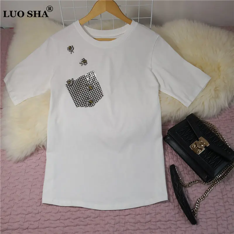 

LUOSHA 2019 Summer Women Irregular Plaid Pocket Cartton Beaded Short Sleeve T Shirt Top Femme Stylish Tshirt Women Top Mujer