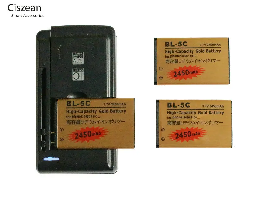 

3x 2450mAh BL-5C BL5C BL 5C Gold Replacement Battery + Universal Charger For Nokia 6822 7600 7610 C1-01 C1-02 C1-03 C2-00 ect