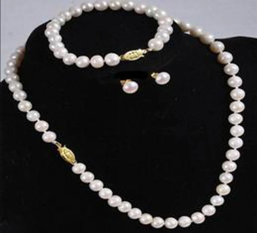 

High-quality grace excellent Wholesale 7-8MM White Akoya Cultured Pearl Necklace Bracelet Earring Set 18"46546