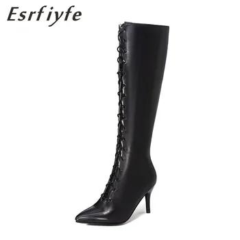 

ESRFIYFE 2019 New High Heels Knee High Boots Woman Pointed Toe Black Beige Purple Lace Up Ladies Chelsea Boots Party Shoes Woman