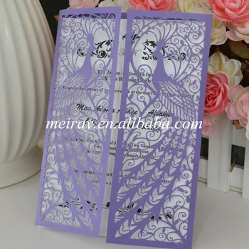 

50pcs, Wedding supplies wedding card designs! blank peacock laser cut purple wedding invitations