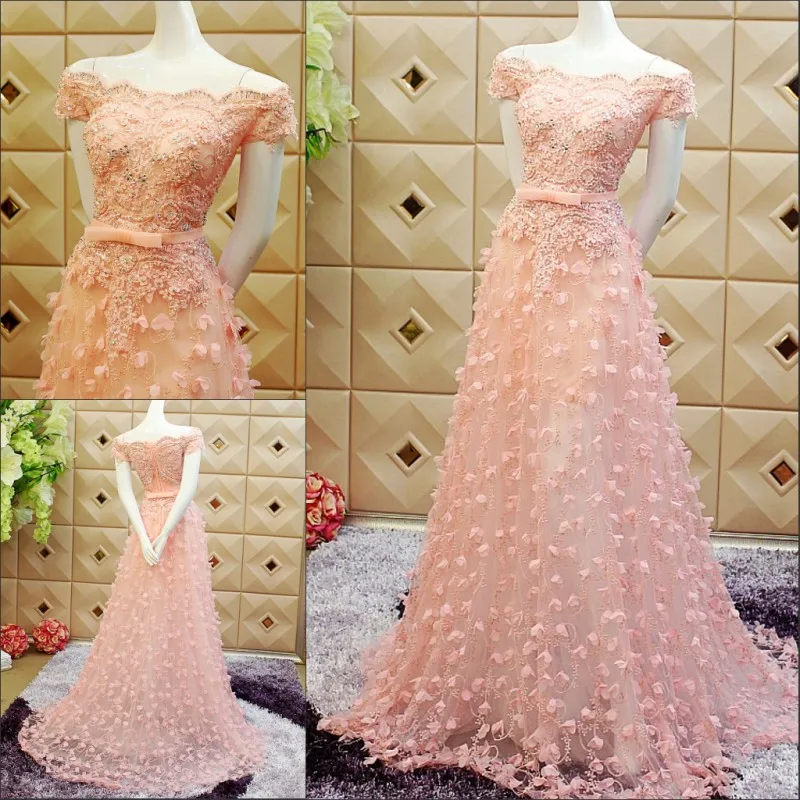

boat neck 2015 Hot&sexy prom party dresses vestido de noiva lace beading long evening dress crystal short sleeve bow flowers
