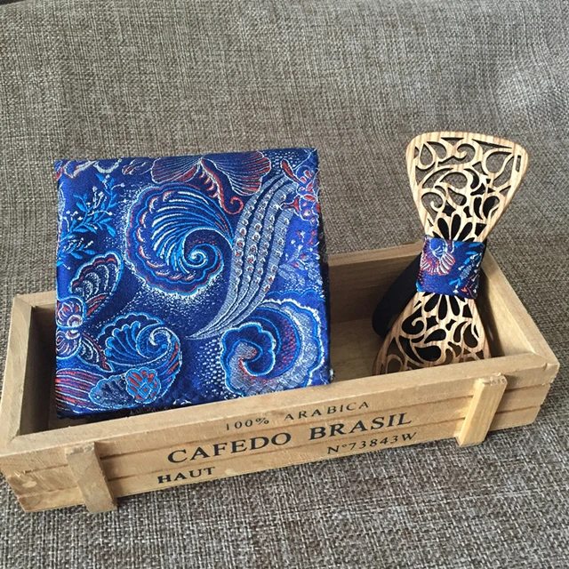 New Design Hollow Male Wedding Wooden Bowties Wiht Blue Pocket Square For Men For Christmas