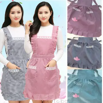 

Women Lady Kitchen Apron Dress Bib Adjustable Anti-wear Cute Restaurant Cooking Baking Barbecue Aprons Dress With Pockets
