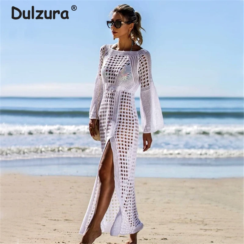 

Beach Fashion Crochet Long Dress Women 2019 Summer Crochet Flare Sleeve Cover Ups Sexy High Split Holiday Vocation Vestido Femme