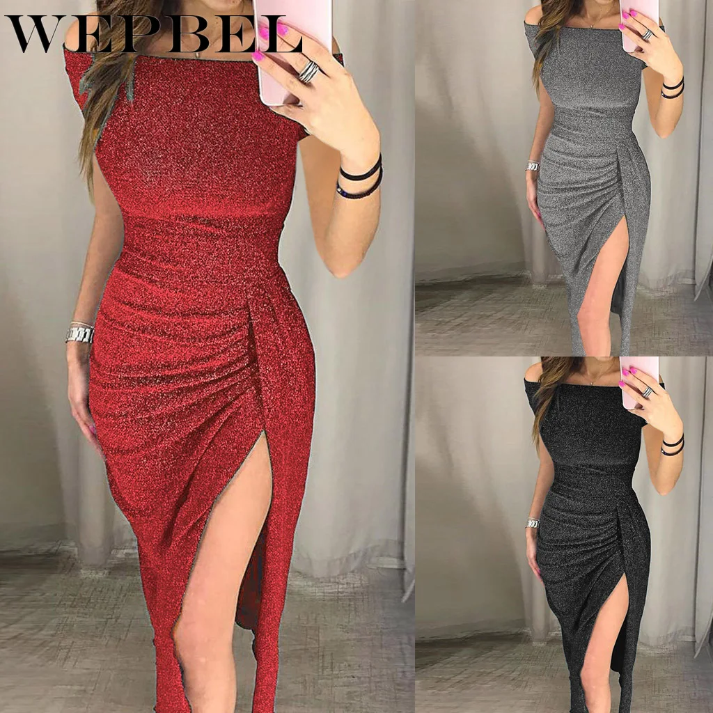 

WEPBEL Plus Size Fashion Strapless Women Off Shoulder High Slit Bodycon Dress Long Sleeve Dresses