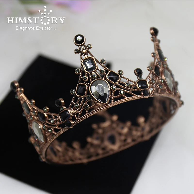 

HIMSTORY Baroque Black Crystal Rhinestone Birthday Diadem Full Round Tiara Crown Hair Jewelry Wedding Bridal Hair Accessories