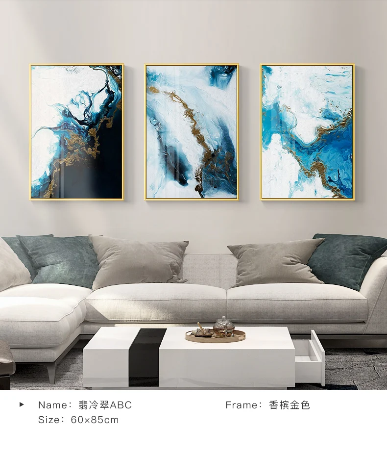 Nordic Abstract color spalsh blue golden canvas painting poster and print unique decor wall art pictures for living room bedroom