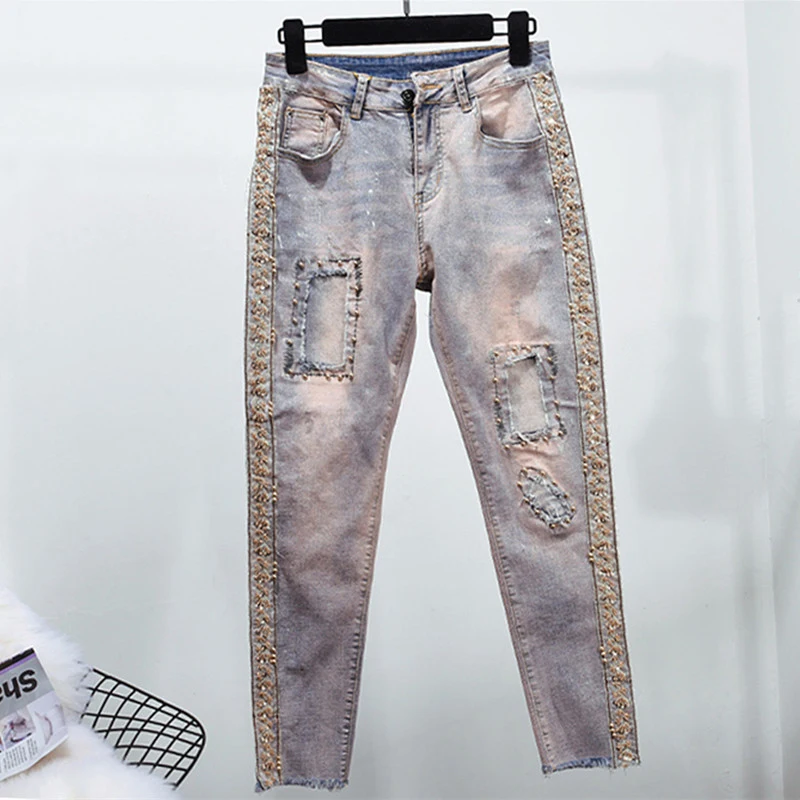

Jeans Casual Slim Skinny Pencil Pants Elastic Stretch Luxury For Women Vintage Beading Denim Jeans Sequin 2019