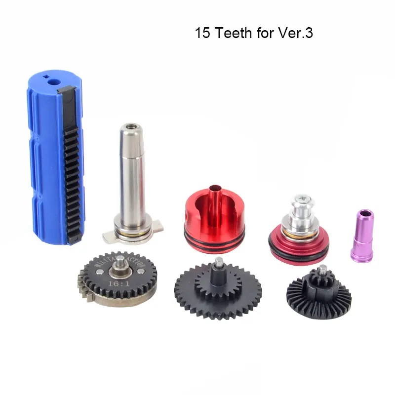 16:1 High Speed Gear 14/15 Teeth Piston Cylinder Piston Head Spring Guide Nozzle Tune-Up Set for M4/AK series Airsoft AEG/GBB 16:1 High Speed Gear 14/15 Teeth Piston Cylinder Piston Head Spring Guide Nozzle Tune-Up Set for M4/AK series Airsoft AEG/GBB