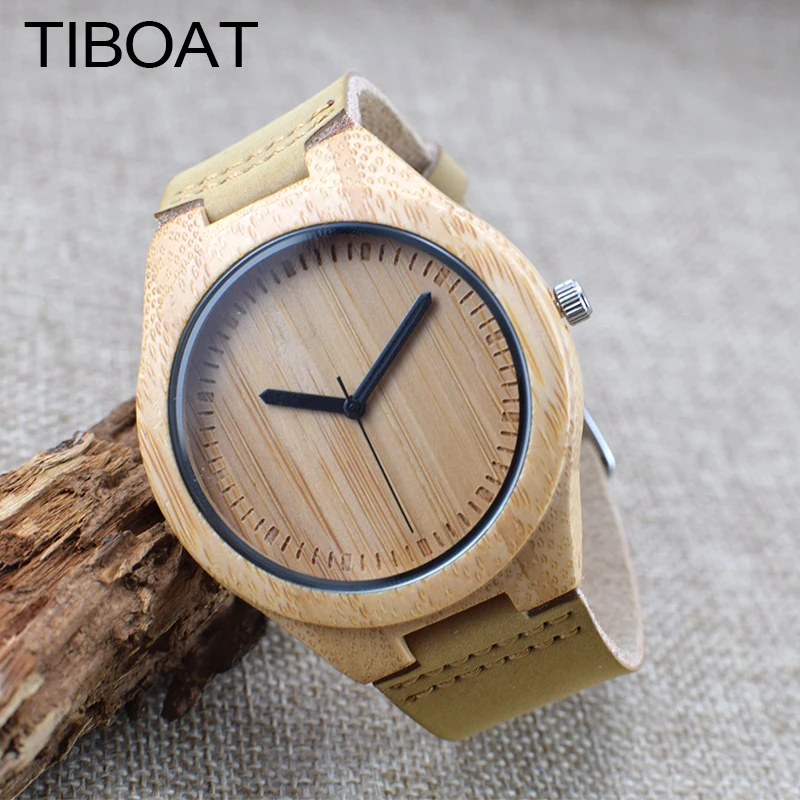 Tiboat роскошные деревянные часы ручной работы Bamboo Деревянный аналоговые кварцевые
