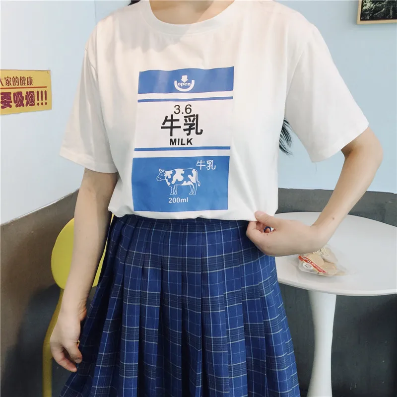 Harajuku Kawaii клубничное молоко футболка с изображением школьницы одежда японская