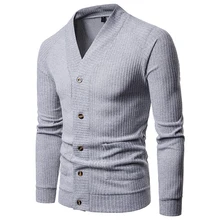 Осенний Однотонный мужской свитер, пальто с v-образным вырезом, однобортный вязаный мужской кардиган, европейский размер, трикотаж, тянущийся Повседневный свитер