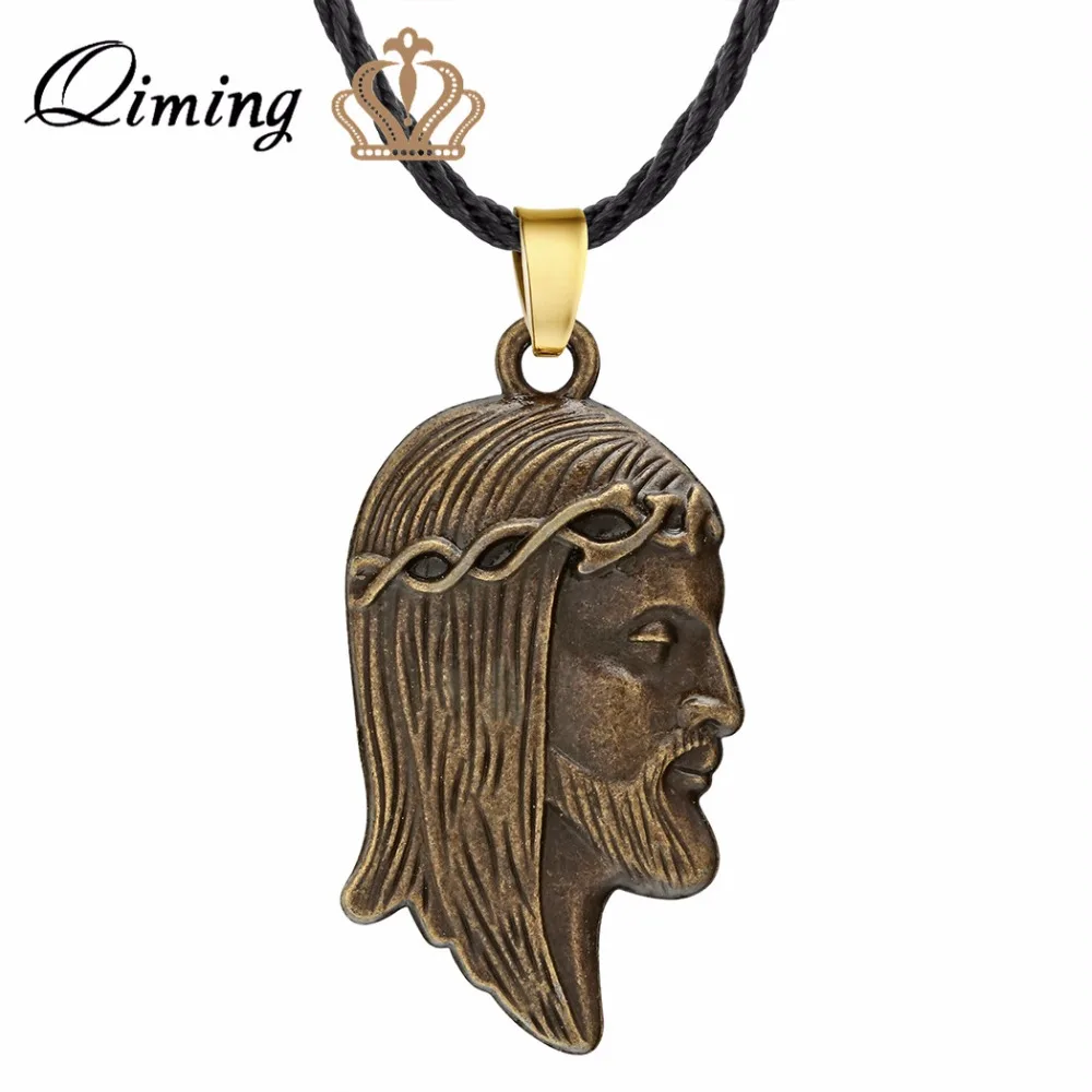 QIMING Bronze Jesus Head Necklace Religious Jewelry Christian Christ