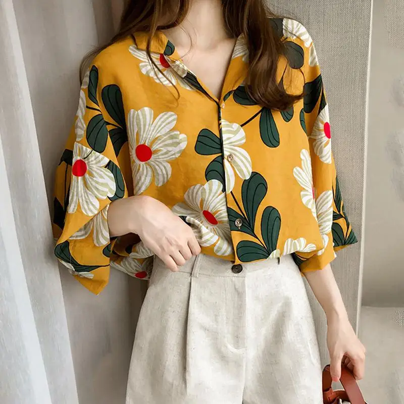 

Yfashion Breathable Chiffon Shirt Blouse Women Middle Sleeve Big Flower Printing Sunscreen Shirt Blouses Women Female