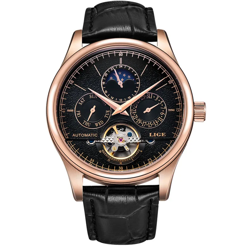 Relojes Hombre LIGE, Брендовые мужские часы, автоматические механические часы, Tourbillon, спортивные часы, кожаные, повседневные, деловые часы в ретро-стиле - Цвет: gold black