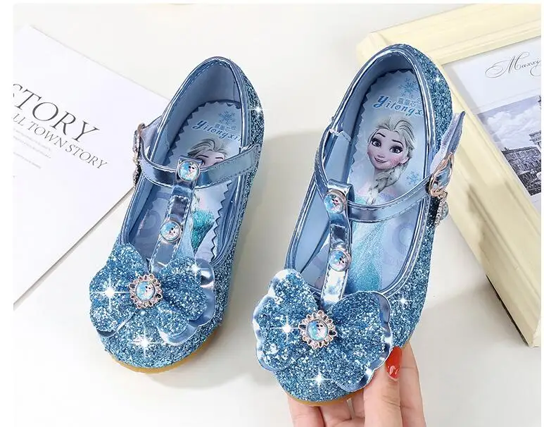 Sapatos de Casamento Sandálias de Salto Sapatos de Festa Moda com Arco Meninas Brilhar Nova Marca Alto Crianças Elsa Princesa Crianças Dança da 7 dança crianças moda festa sapatos com arco