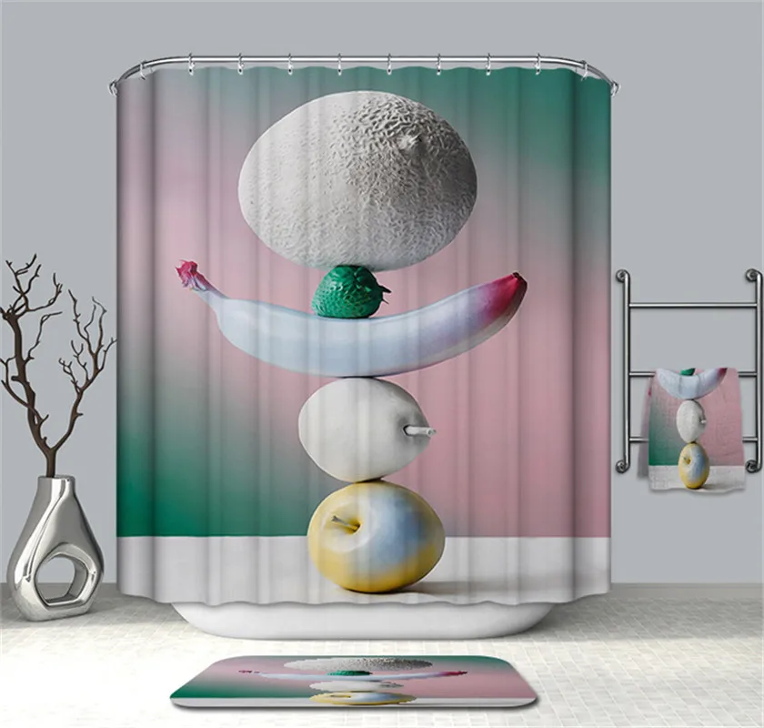 Simple Style Polyester Shower Curtain with 12 Hooks Waterproof Vintage