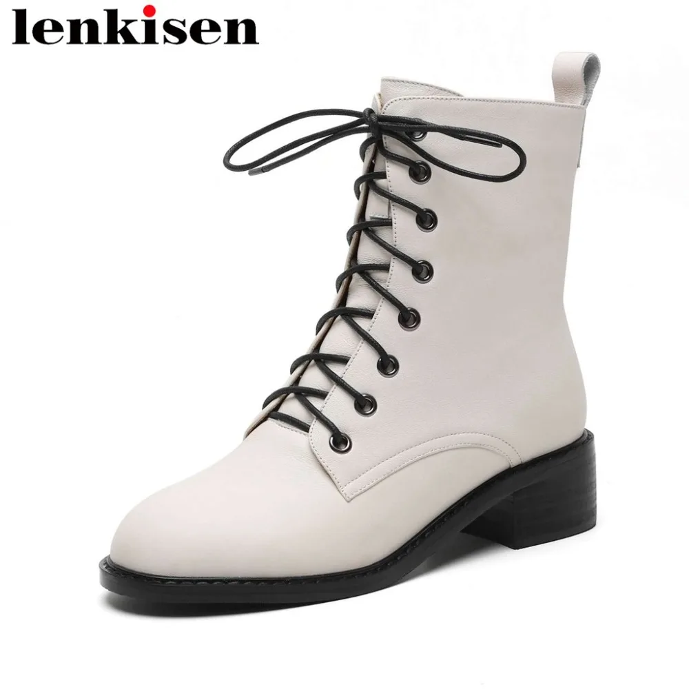 

Lenkisen british school lace up solid genuine leather weatern boots thick med heels round toe luxury vintage mid-calf boots L21
