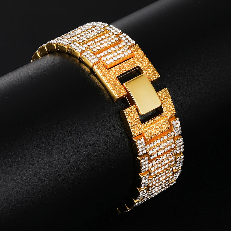 Хип хоп Полный Стразы Iced Out Bling Gold Watch Band Link Chain Браслеты для мужчин рэппер