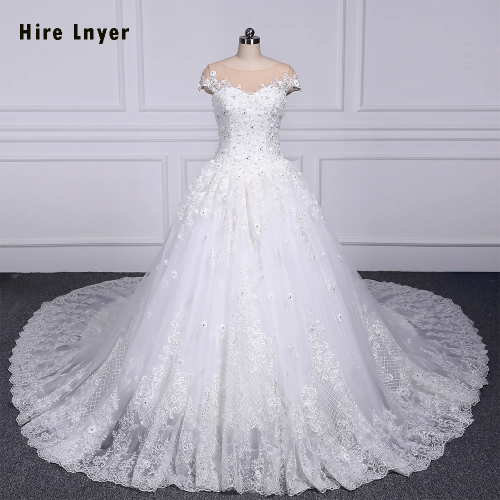 

100% Real Picture Crystal Pearls Lace All Over Flowers Princess Ball Gown Wedding Dress 1.5m Train On The Floor 6 Ring Petticoat