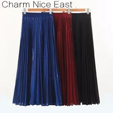 Золотой проволоки плиссированная юбка осень зима средней длины тонкий половина юбка элегантный шик металл цвет длинная юбка-пачка женские