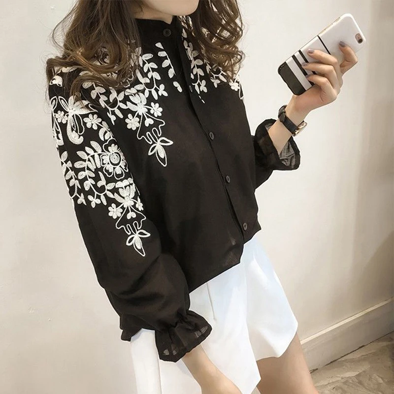 Flower Embroidered Tops Female Fashion Blouse Embroidery Clothing Cotton Shirt Korean Style Fresh Shirt Black White Color