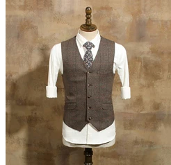 Новые британские ретро костюмы в клетку, мужские однобортные деловые костюмы из трех предметов, мужские коричневые клетчатые модные костюмы, пиджак, жилет - Цвет: vest