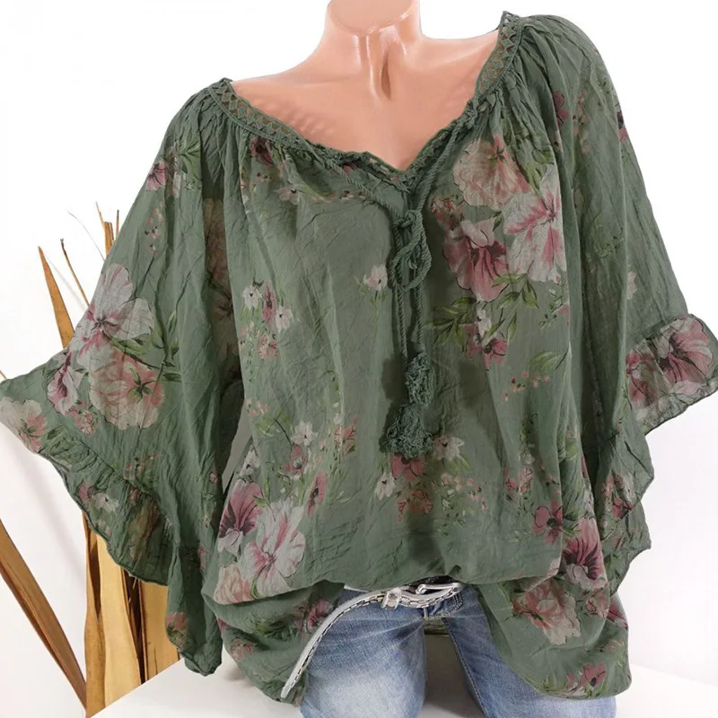 Large size women's blouse 2019 autumn large size V-neck bat sleeve lace collar print shirt