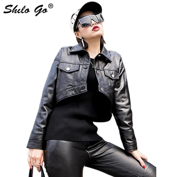 

Streetwear Leather Jacket Womens Moto Turn Down Single Breasted Sheepskin Genuine Leather Short Coat Casual Loose Female Outwear