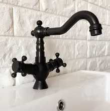 Black Oil Rubbed Brass Dual Cross Handles One Hole Bathroom Kitchen Basin Sink Faucet Mixer Tap Swivel Spout Deck Mounted mnf360 deck mounted waterfall spout square oil rubbed bronze red basin bathroom mixer tap three holes dual handles faucet mixer