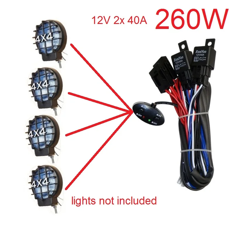 

12v 2x 40A Relay Dual switch Independent control 4x4 Off road light Led Bar Led work light Car Spot light Wire for 1/2/3/4 lamps