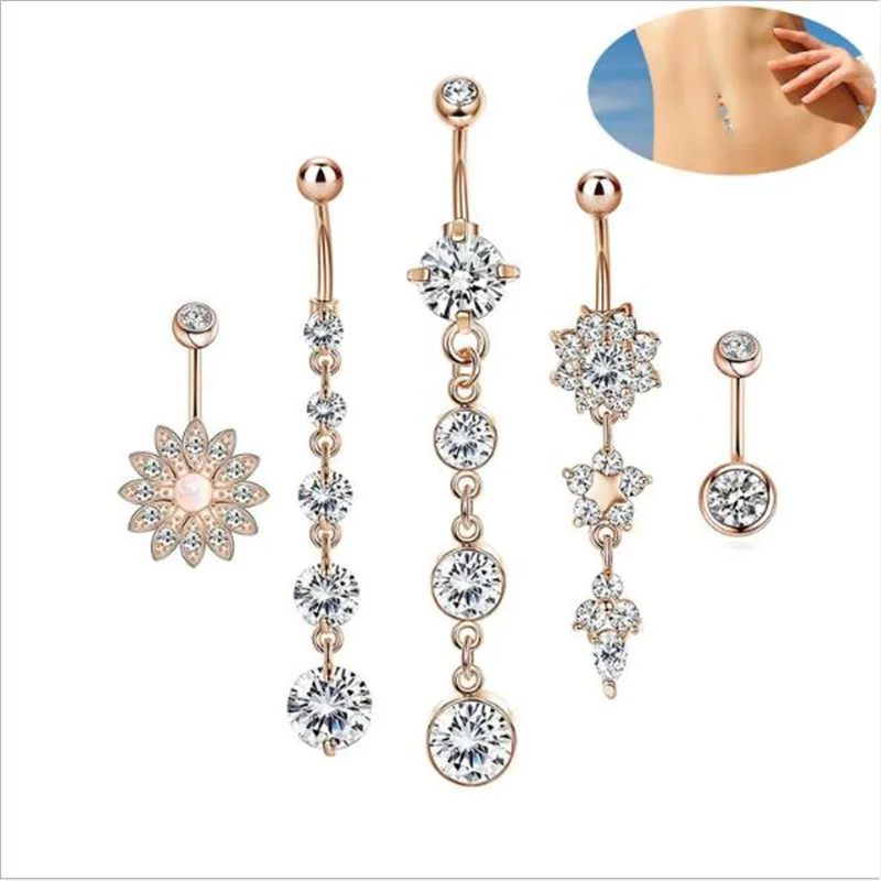 5pcs/set Stainless Steel Jewelry Woman Belly Button Piercing Zircon