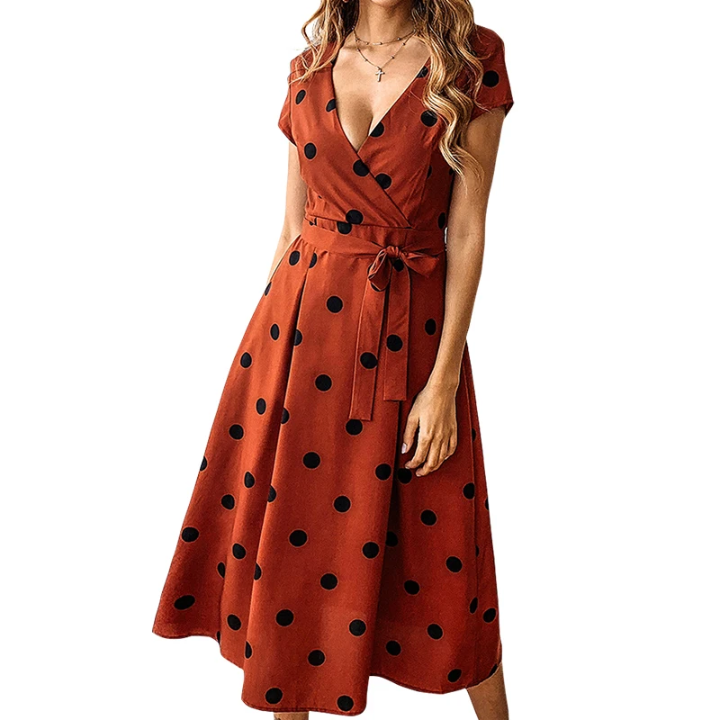 

Vintage Polka Dots Midi-Calf A-Line Women Dress Sexy Femme Wrap V-Neck Bandage Short Sleeve Sashes Beach Sundress Vacation GV088