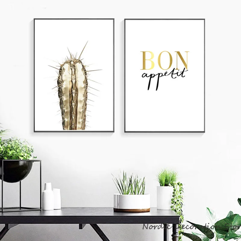 Nordic Abstract Gold Cactus Wall Art Canvas Painting Bon Gold Letter