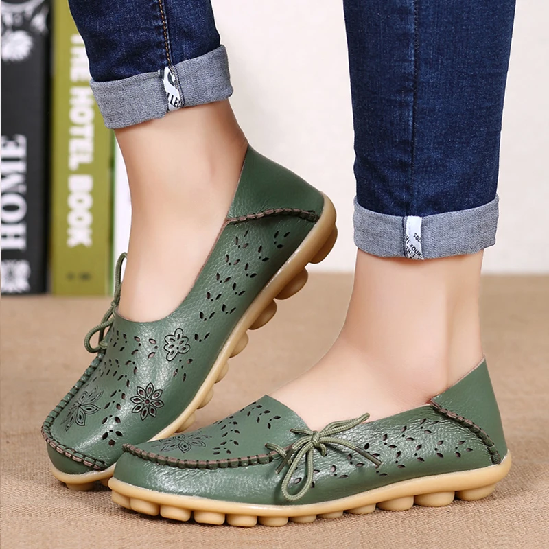 Big size 34-44 spring women flats shoes women genuine leather flats ladies shoes female cutout slip on ballet flat loafers - Цвет: Army green