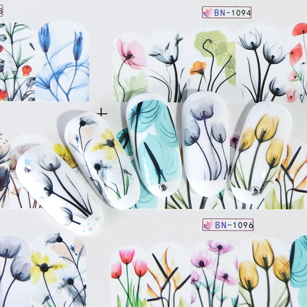 12 видов наклейки на ногти цветок дизайн Слайдеры для ногтей Лето полная вода наклейки прекрасные DIY украшения для маникюра JIBN1093-1104