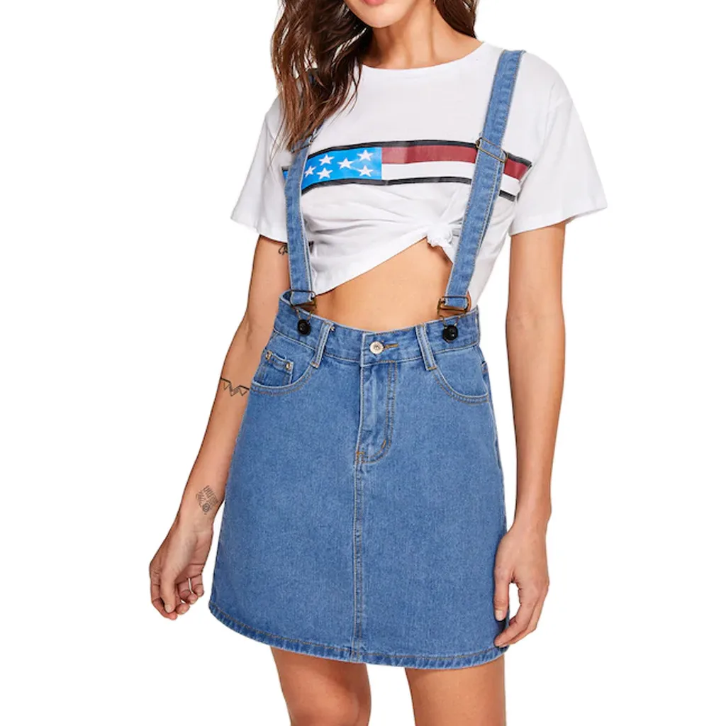 2019 Summer Women's Skirt Casual Denim Bib Skirt Sling Button Mini