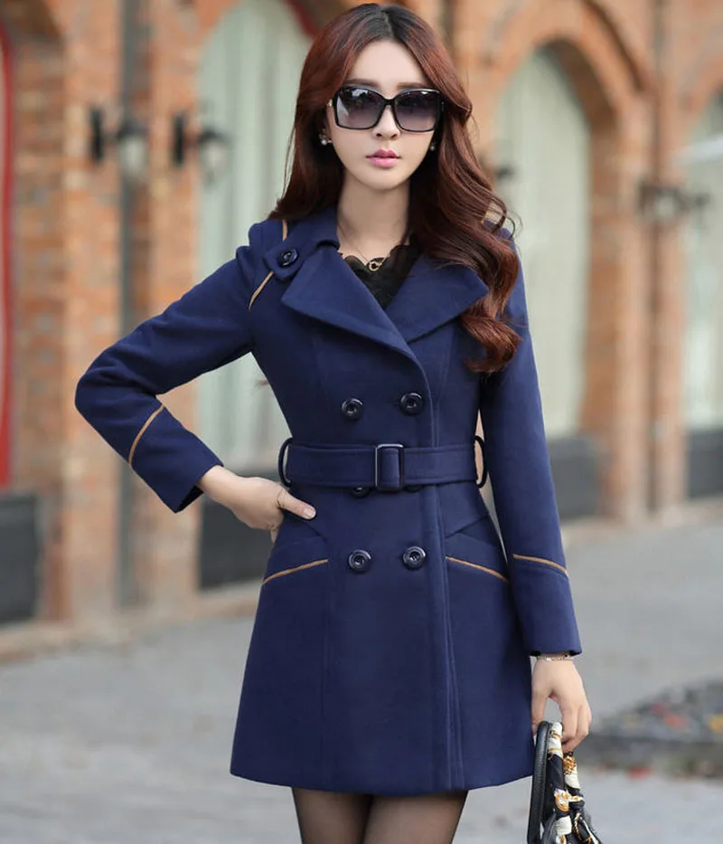 Осенне-зимняя Дамская обувь однотонные длинные пальто двубортное однотонное пальто, тонкое шерстяное пальто женский шерстяной пояс плащ-Тренч с длинными полупальто D075 - Цвет: navy blue