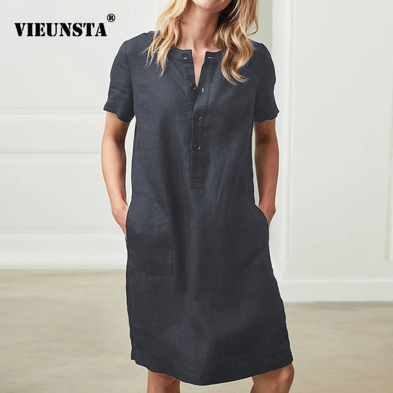

VIEUNSTA Summer Sundress Plus Size Linen Cotton Dress Women 2019 Vintage Casual O Neck Short Sleeve Button Shirt Dress Vestidos