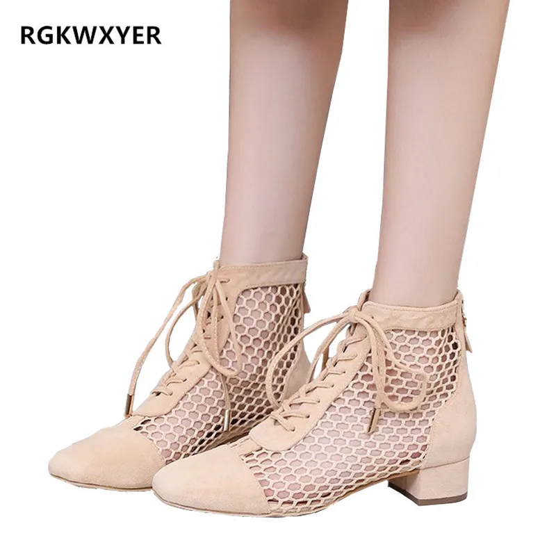 

RGKWXYER Summer New Women Sandals Roman Hollowed Square Head Low-heeled Shoes High-top Lace-up Boots Sandals zapatos de mujer