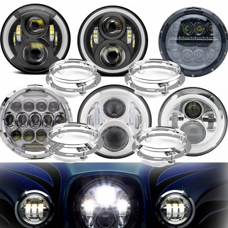 

7 inch Round LED Headlight High Low Beam with 7" Mounting bracket ring support for Harley Davidson Road King Motorcycle