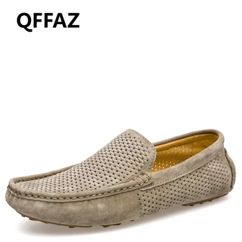 

QFFAZ New Casual Boat Shoes Fashion Genuine Leather Slip On Driving Shoes Hollow Out Men Flats Breathable male casual shoes