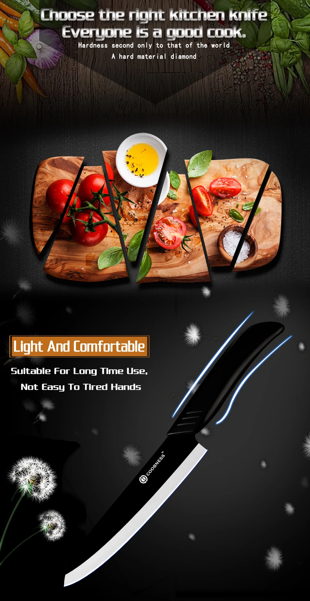 COOBNESS керамический кухонный нож для очистки овощей, универсальный нож для нарезки " 4" " 6" с одной черной ручкой, черное лезвие, керамический нож в подарок