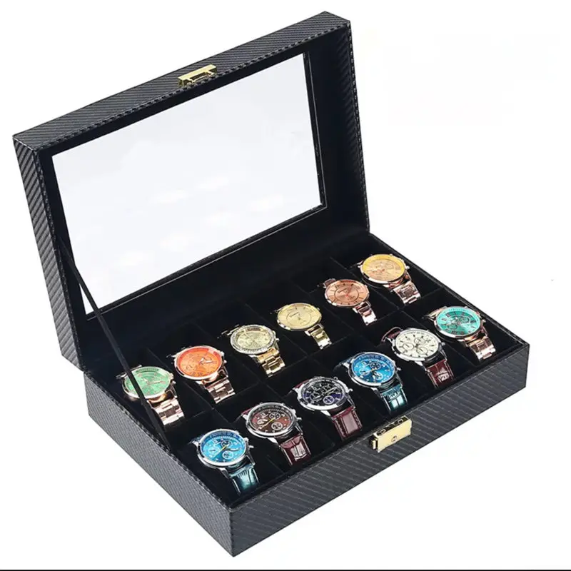 12 Slots Carbon Fiber Watch Storage Box With Lock Black PU Leather