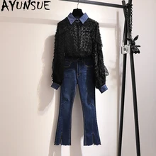 Для женщин комплект из двух предметов Блузка модные корейские джинсы комплект одежды из 2 предметов, комплекты со штанами Для женщин рубашка с длинными рукавами конъюнкт де Mujer KJ1748