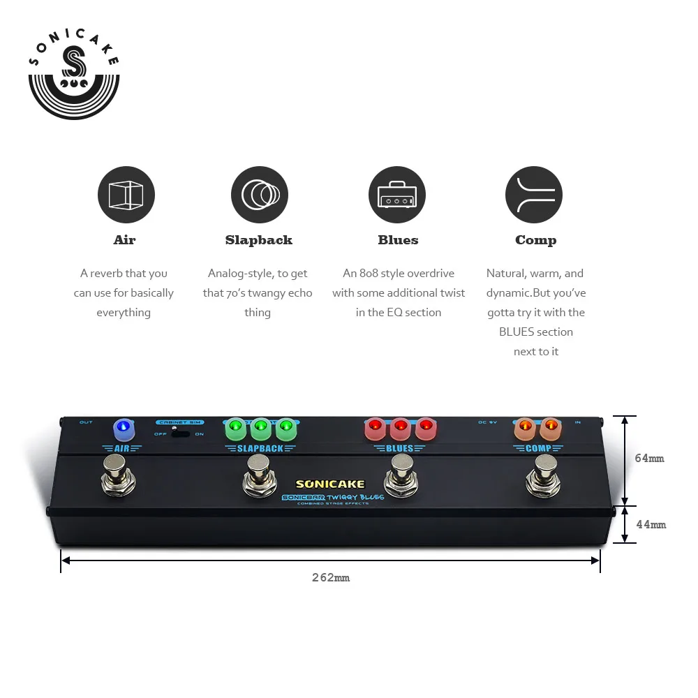 Sonicake Multi Effect Guitar Pedal Twiggy Blues 4 in 1 Effect Combined Compressor Overdrive Delay Reverb 4 Type Plug QCE-20