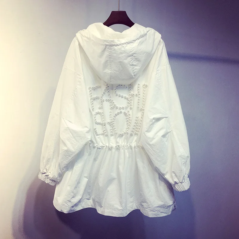 

New Spring Autumn Fashion Long Sleeve Women Windbreaker Solid Color Hooded Outwear Loose Beading Pearl Female Trench Coats
