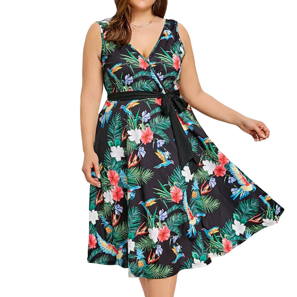 

Fashion Women Casual Plus Size Floral Print Sleeveless V-Neck Lace up Dress